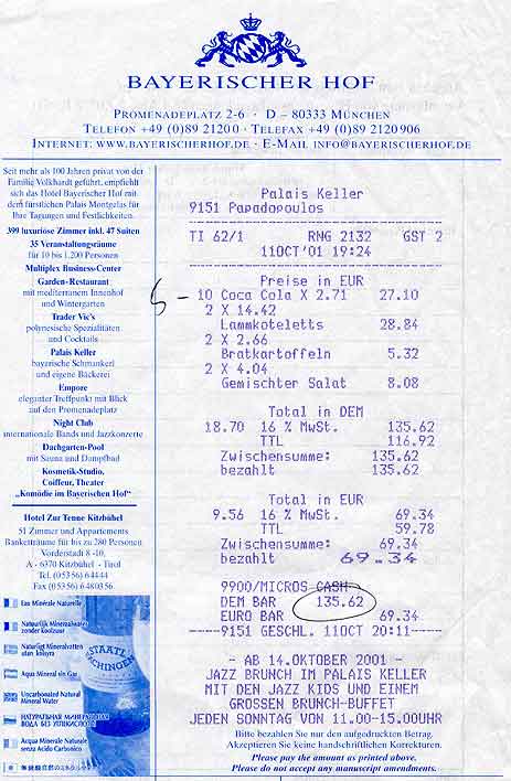 The bill for our meal at Bayerischer Hof.