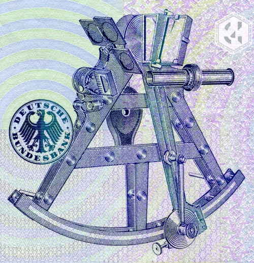 Sextant in detail on reverse of 10 Deutschmark bill.