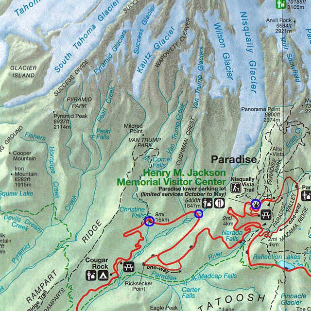 Mount Rainier Park Map - blue circles are places shown below